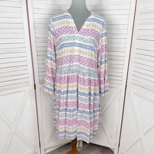 Destination 365 Floral V Neck Tiered Bell Sleeve‎ Tunic Shift Dress White Multi